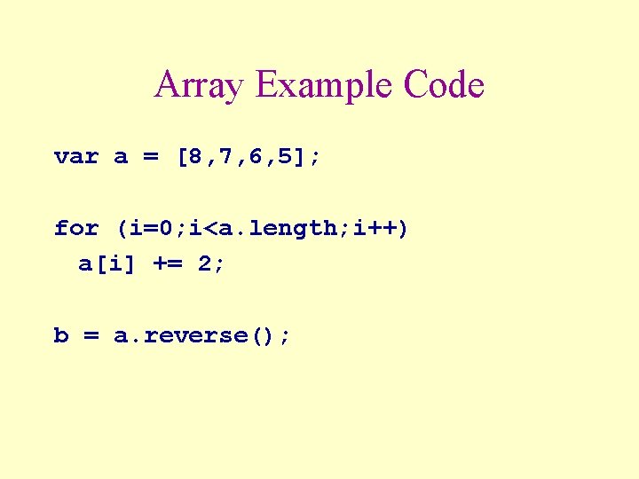 Array Example Code var a = [8, 7, 6, 5]; for (i=0; i<a. length;