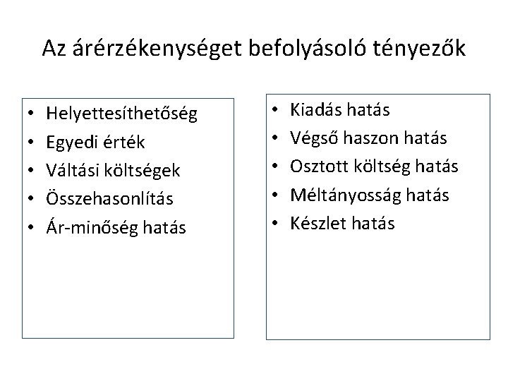 Az árérzékenységet befolyásoló tényezők • • • Helyettesíthetőség Egyedi érték Váltási költségek Összehasonlítás Ár-minőség