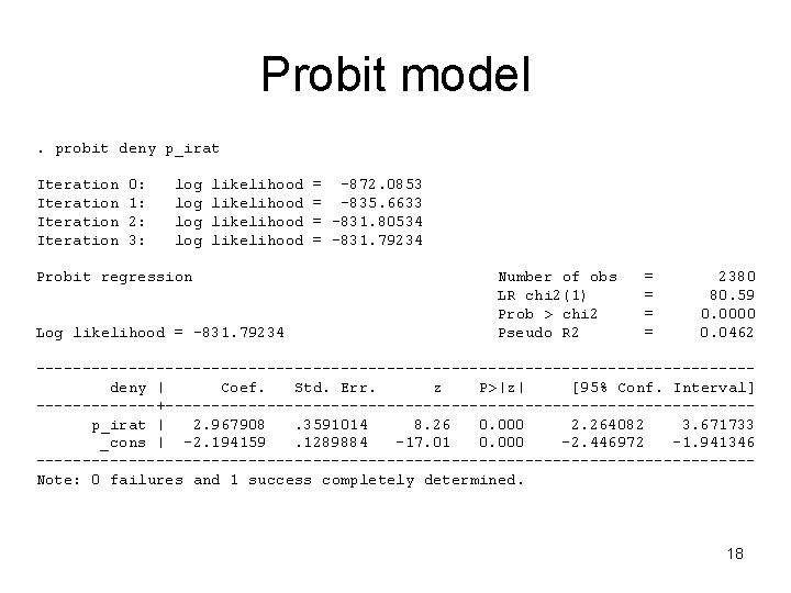 Probit model. probit deny p_irat Iteration 0: 1: 2: 3: log log likelihood Probit