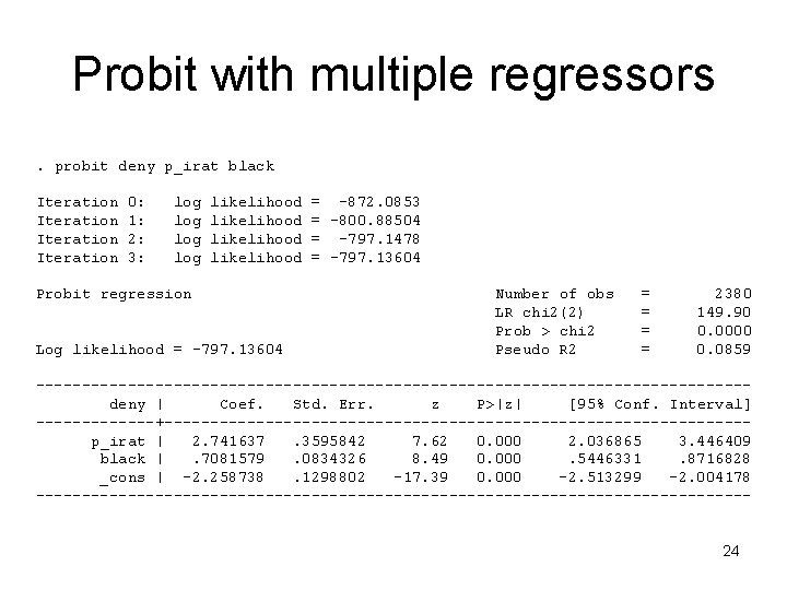 Probit with multiple regressors. probit deny p_irat black Iteration 0: 1: 2: 3: log