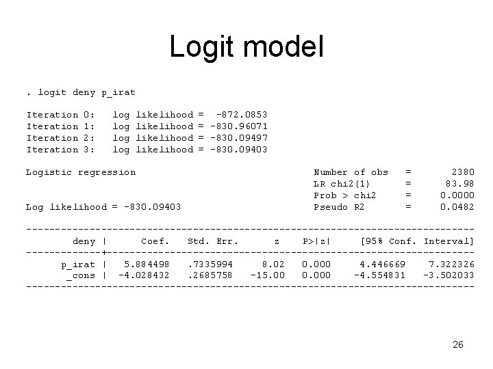 Logit model. logit deny p_irat Iteration 0: 1: 2: 3: log log likelihood Logistic