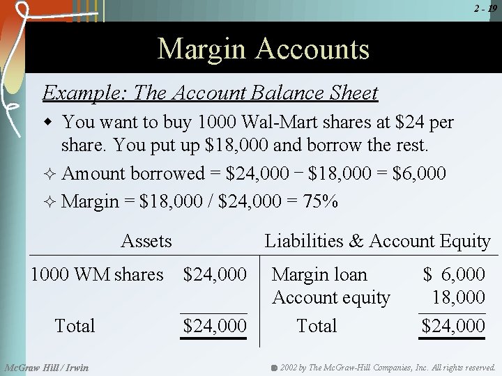 2 - 19 Margin Accounts Example: The Account Balance Sheet w You want to