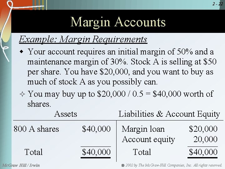 2 - 22 Margin Accounts Example: Margin Requirements w Your account requires an initial