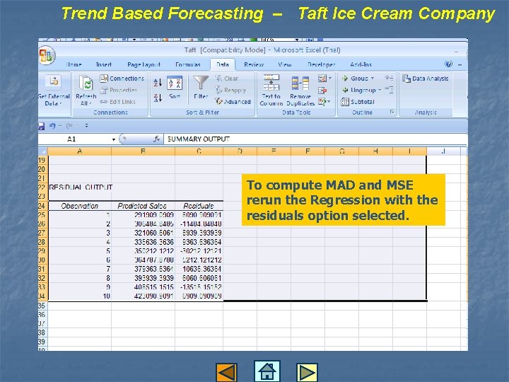 Trend Based Forecasting – Taft Ice Cream Company To compute MAD and MSE rerun