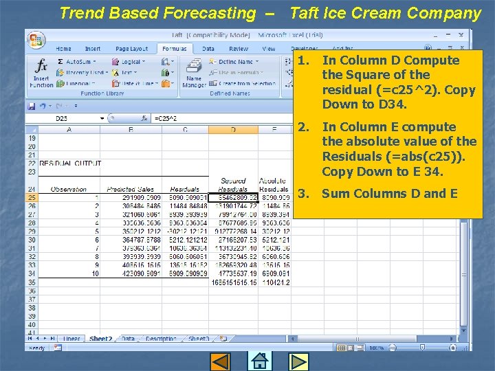 Trend Based Forecasting – Taft Ice Cream Company 1. In Column D Compute the