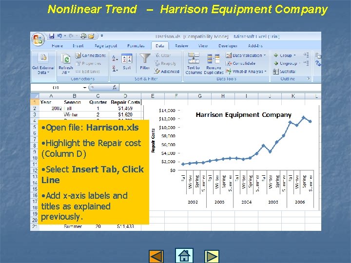 Nonlinear Trend – Harrison Equipment Company • Open file: Harrison. xls • Highlight the