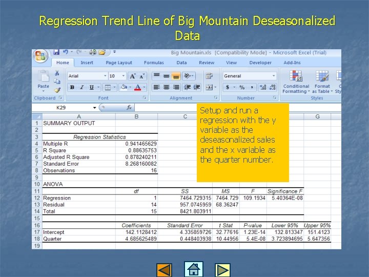 Regression Trend Line of Big Mountain Deseasonalized Data Setup and run a regression with