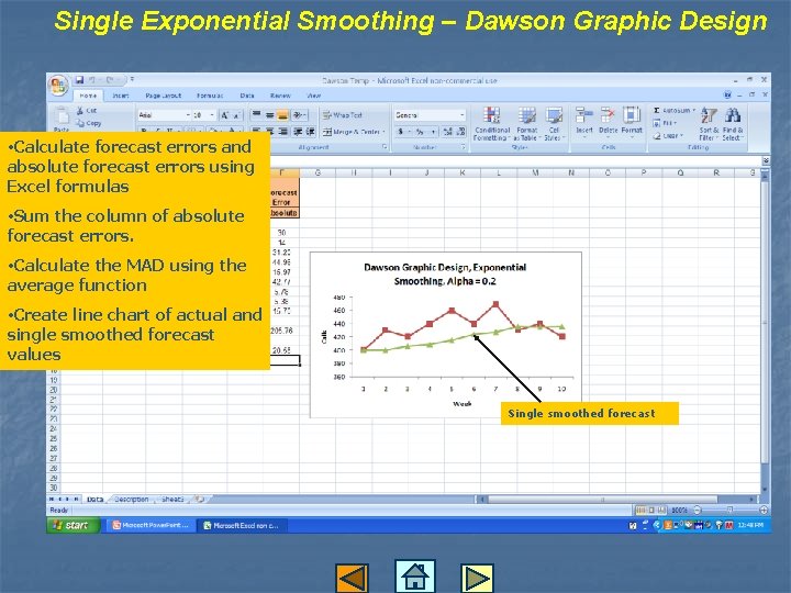 Single Exponential Smoothing – Dawson Graphic Design • Calculate forecast errors and absolute forecast