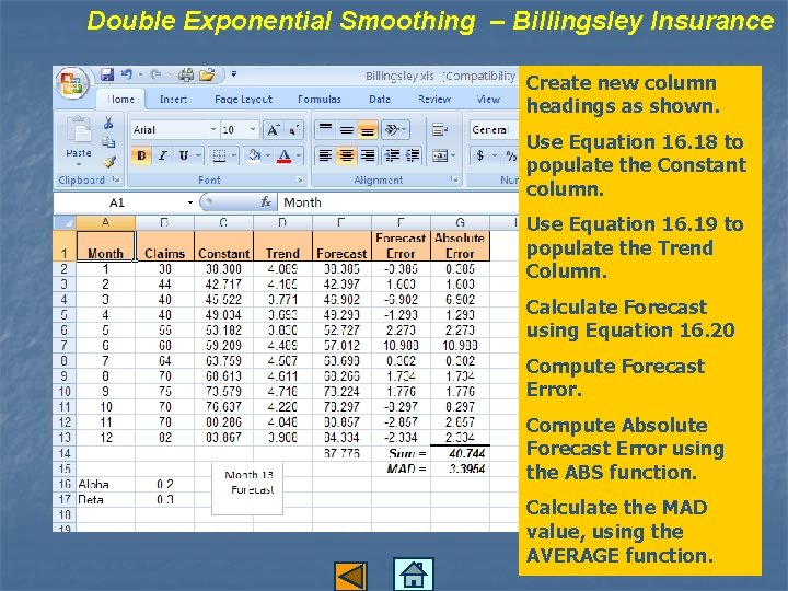 Double Exponential Smoothing – Billingsley Insurance Create new column headings as shown. Use Equation