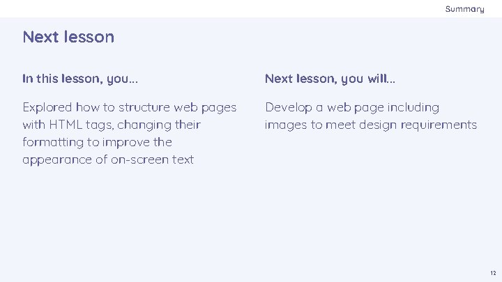 Summary Next lesson In this lesson, you. . . Next lesson, you will. .