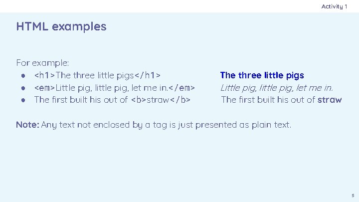 Activity 1 HTML examples For example: ● <h 1>The three little pigs</h 1> ●