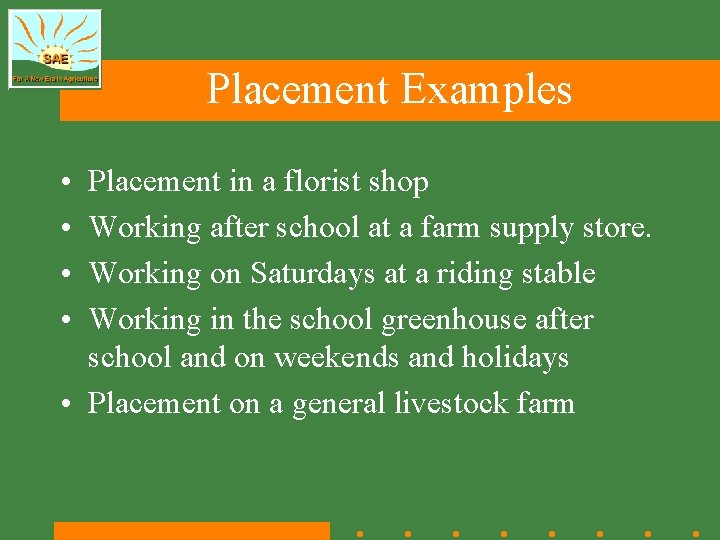 Placement Examples • • Placement in a florist shop Working after school at a