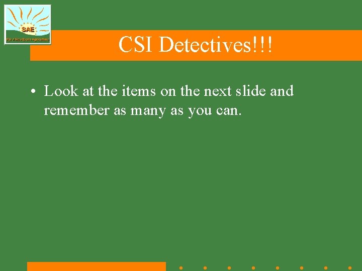 CSI Detectives!!! • Look at the items on the next slide and remember as