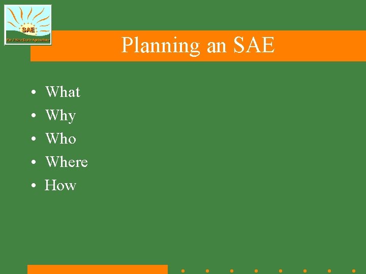 Planning an SAE • • • What Why Who Where How 