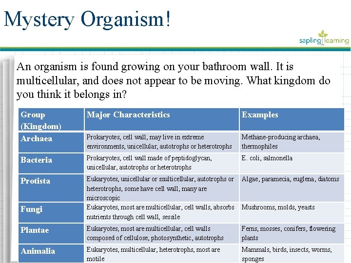 Mystery Organism! An organism is found growing on your bathroom wall. It is multicellular,