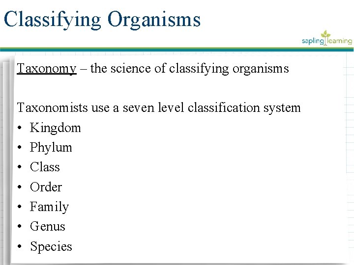 Classifying Organisms Taxonomy – the science of classifying organisms Taxonomists use a seven level
