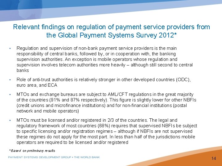 Relevant findings on regulation of payment service providers from the Global Payment Systems Survey