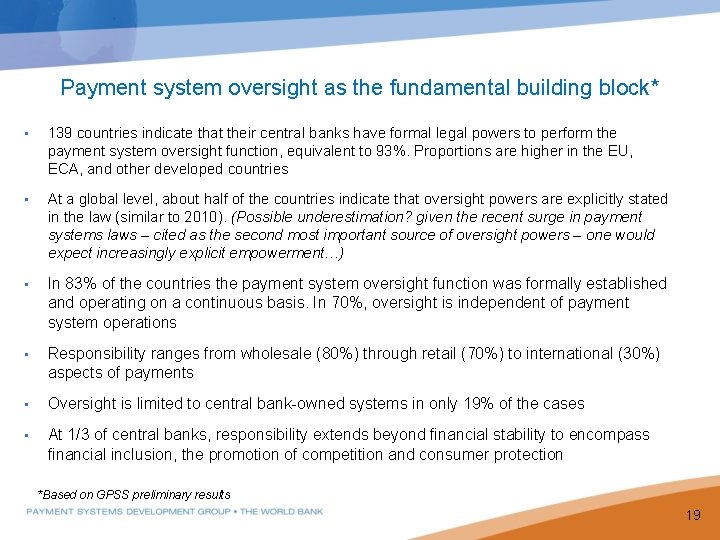 Payment system oversight as the fundamental building block* • 139 countries indicate that their