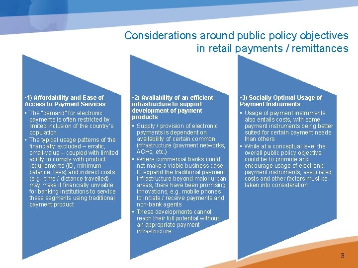 Considerations around public policy objectives in retail payments / remittances • 1) Affordability and