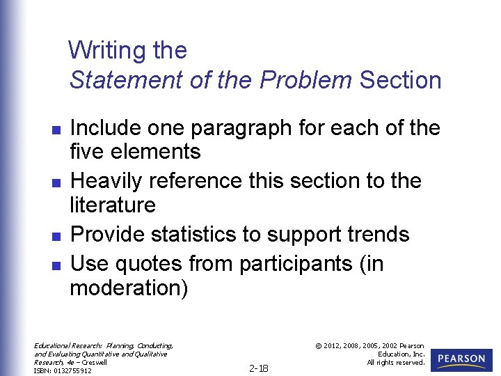 Writing the Statement of the Problem Section n n Include one paragraph for each