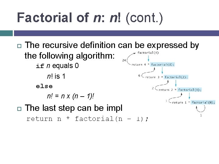 Factorial of n: n! (cont. ) The recursive definition can be expressed by the