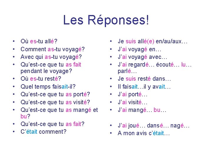 Les Réponses! • • • Où es-tu allé? Comment as-tu voyagé? Avec qui as-tu Les Réponses! • • • Où es-tu allé? Comment as-tu voyagé? Avec qui as-tu