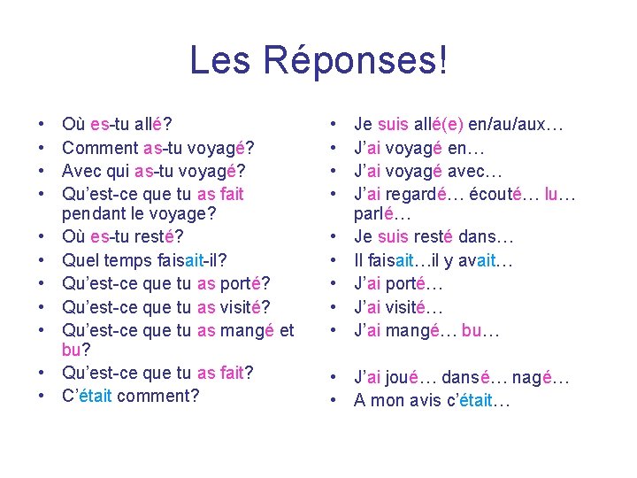 Les Réponses! • • • Où es-tu allé? Comment as-tu voyagé? Avec qui as-tu