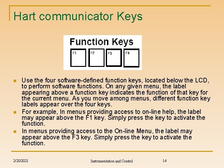 Hart communicator Keys n n n Use the four software-defined function keys, located below