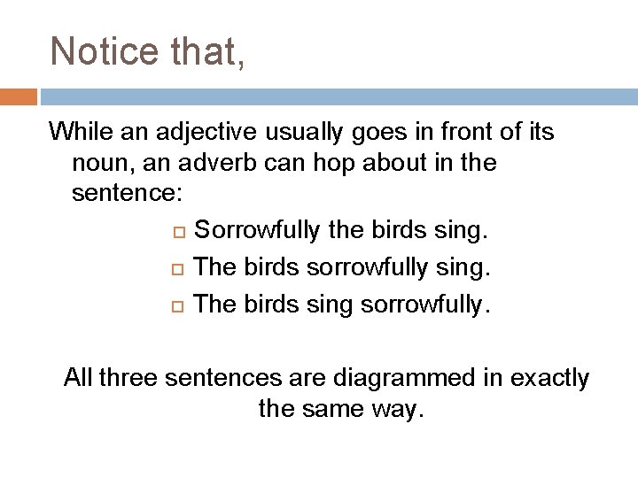 Notice that, While an adjective usually goes in front of its noun, an adverb