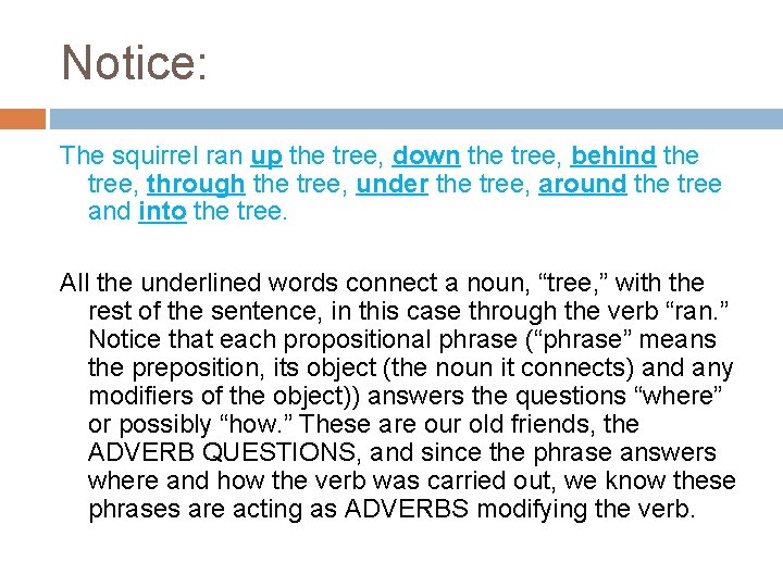 Notice: The squirrel ran up the tree, down the tree, behind the tree, through