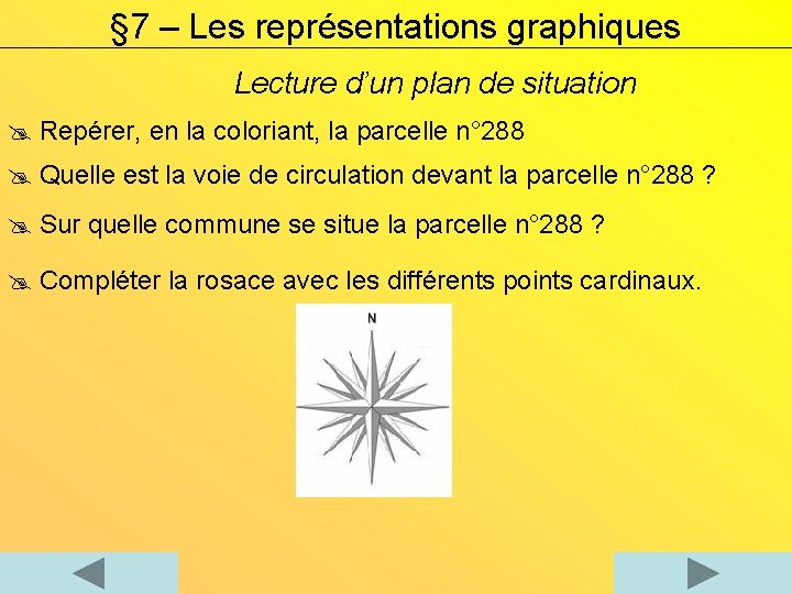 § 7 – Les représentations graphiques Lecture d’un plan de situation Repérer, en la