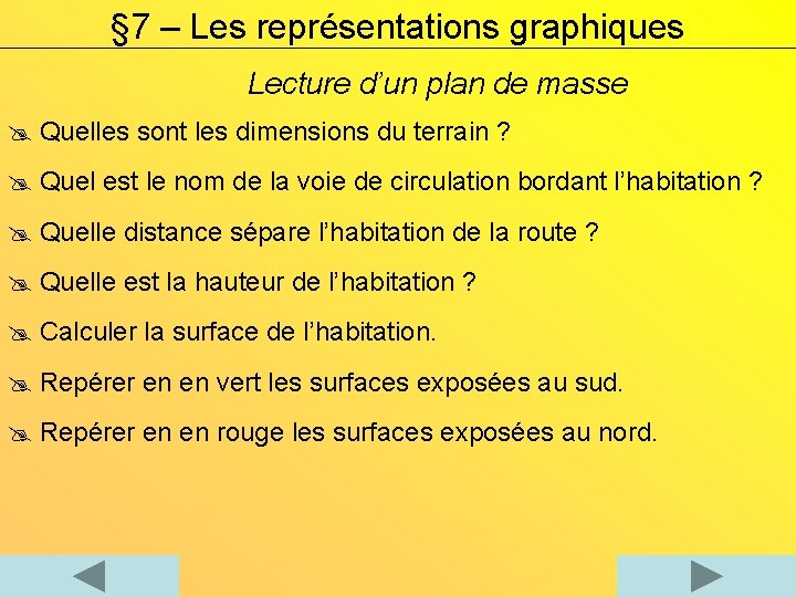 § 7 – Les représentations graphiques Lecture d’un plan de masse Quelles sont les