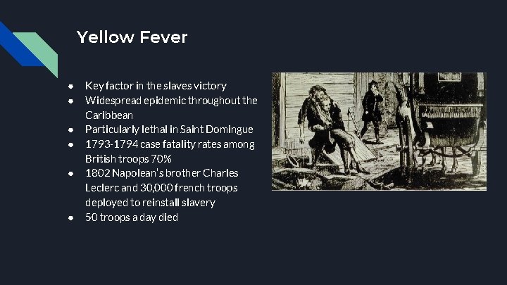 Yellow Fever ● ● ● Key factor in the slaves victory Widespread epidemic throughout