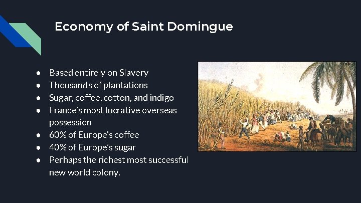 Economy of Saint Domingue Based entirely on Slavery Thousands of plantations Sugar, coffee, cotton,