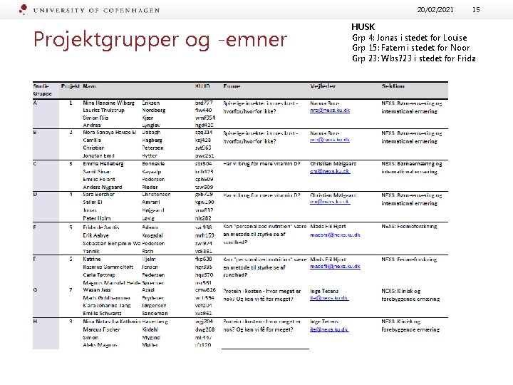 20/02/2021 Projektgrupper og -emner 15 HUSK Grp 4: Jonas i stedet for Louise Grp