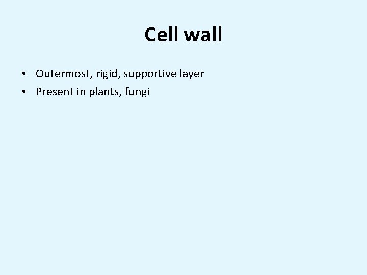 Cell wall • Outermost, rigid, supportive layer • Present in plants, fungi 