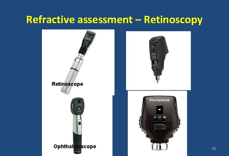 Refractive assessment – Retinoscopy Retinoscope Ophthalmoscope 33 