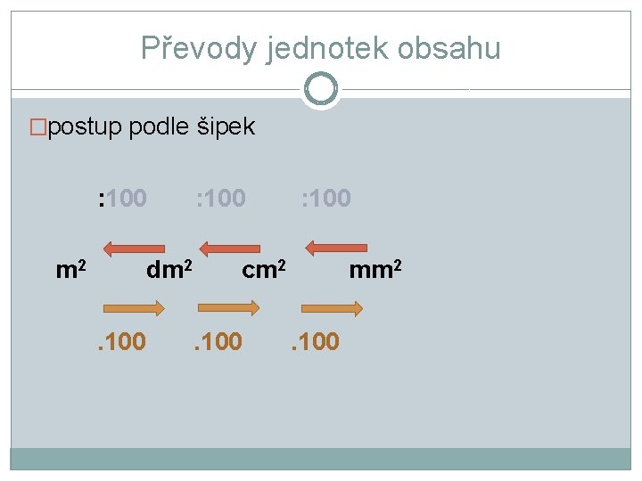 Převody jednotek obsahu �postup podle šipek : 100 m 2 dm 2. 100 :