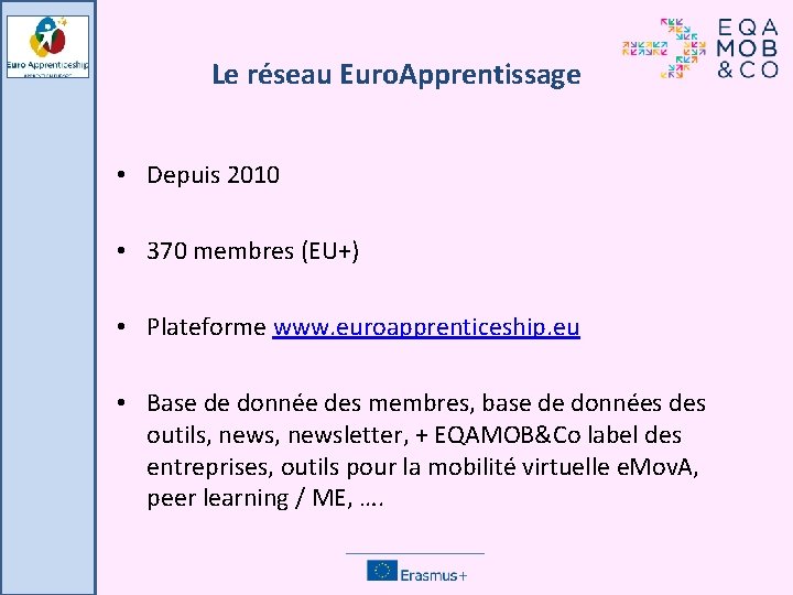 Le réseau Euro. Apprentissage • Depuis 2010 • 370 membres (EU+) • Plateforme www.