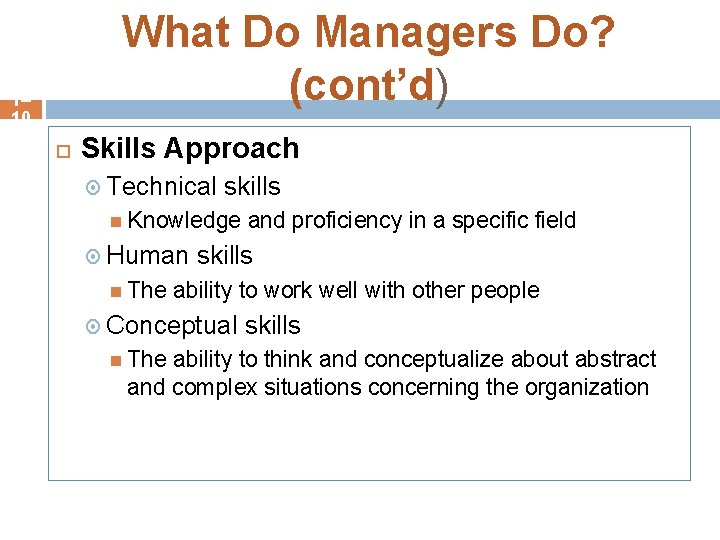 What Do Managers Do? (cont’d) 1– 10 Skills Approach Technical skills Knowledge Human The