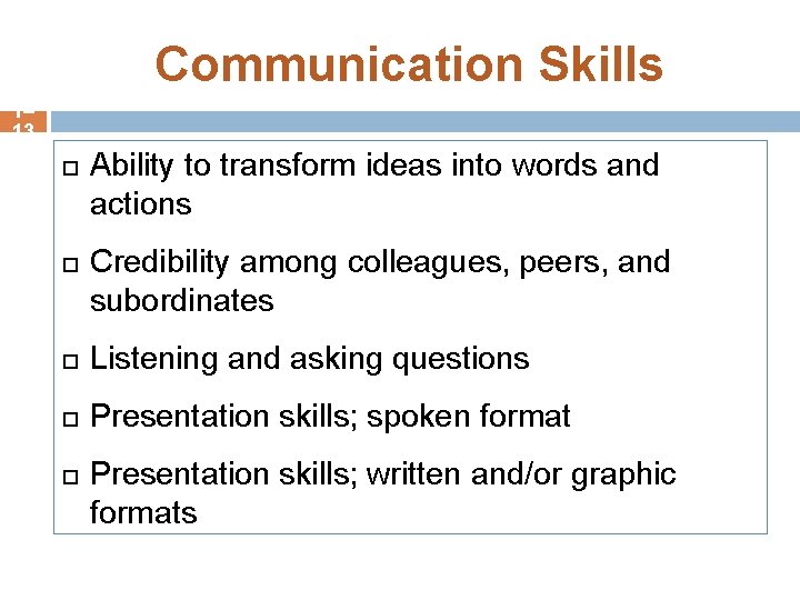 Communication Skills 1– 13 Ability to transform ideas into words and actions Credibility among