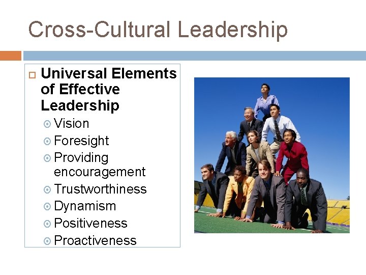 Cross-Cultural Leadership Universal Elements of Effective Leadership Vision Foresight Providing encouragement Trustworthiness Dynamism Positiveness