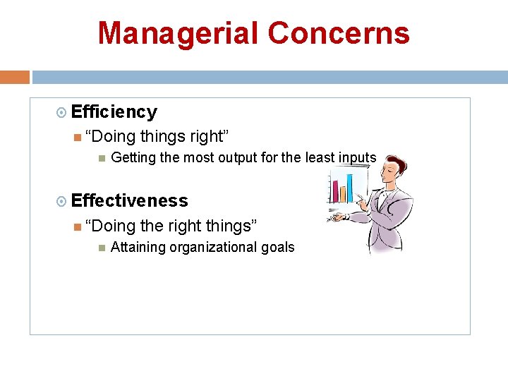 Managerial Concerns Efficiency “Doing things right” Getting the most output for the least inputs