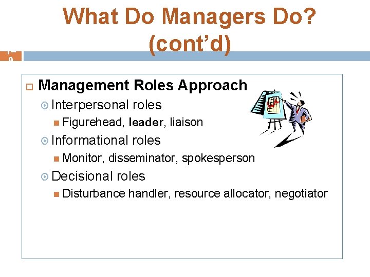 What Do Managers Do? (cont’d) 1– 9 Management Roles Approach Interpersonal Figurehead, Informational Monitor,
