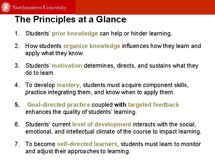The Principles at a Glance 1. Students’ prior knowledge can help or hinder learning.