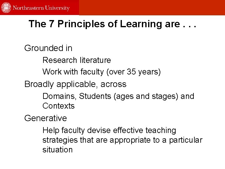 The 7 Principles of Learning are. . . Grounded in Research literature Work with