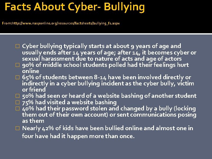  Facts About Cyber- Bullying From: http: //www. nasponline. org/resources/factsheets/bullying_fs. aspx � � �