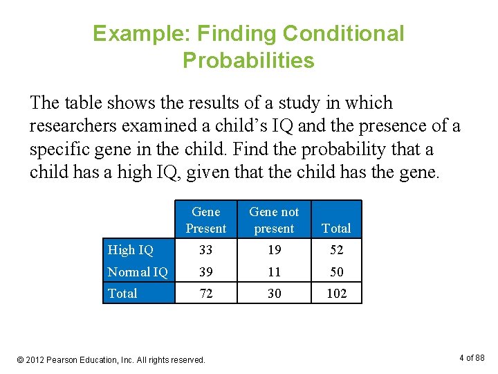 Example: Finding Conditional Probabilities The table shows the results of a study in which