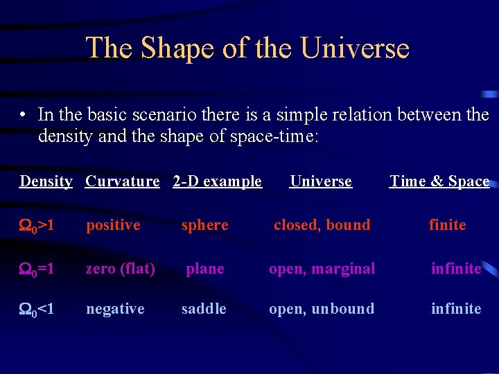 The Shape of the Universe • In the basic scenario there is a simple