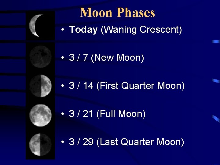 Moon Phases • Today (Waning Crescent) • 3 / 7 (New Moon) • 3